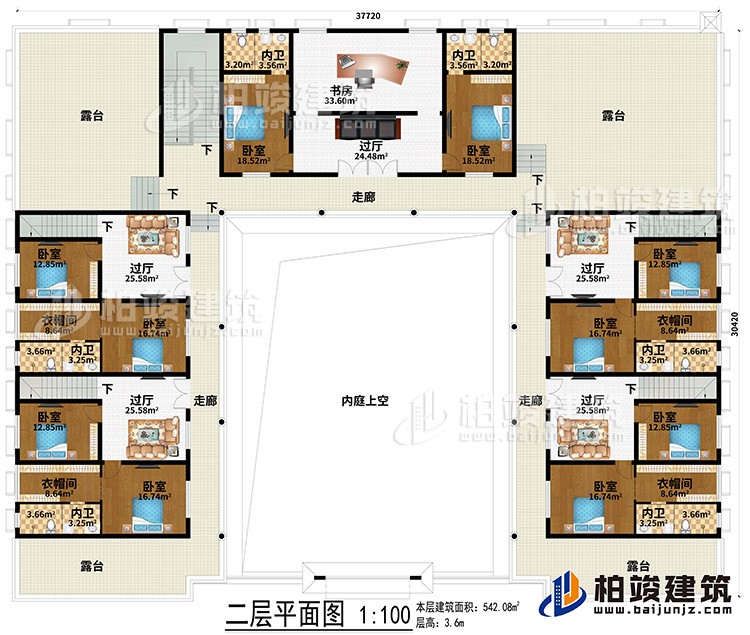 二層：內(nèi)庭上空、5過廳、書房、3走廊、4露臺、10臥室、4衣帽間、6內(nèi)衛(wèi)
