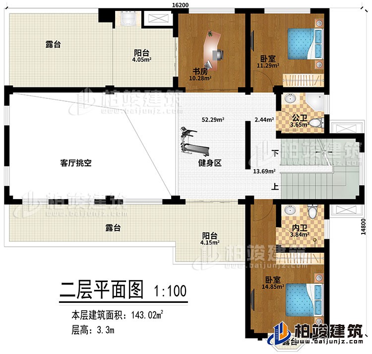 二層：健身區(qū)、客廳挑空、書房、2臥室、公衛(wèi)、內(nèi)衛(wèi)、2陽臺、3露臺