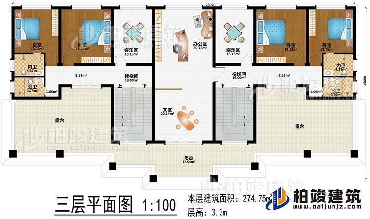 三層：辦公區(qū)、茶室、2樓梯間、2娛樂區(qū)、4臥室、2公衛(wèi)、2內(nèi)衛(wèi)、2露臺(tái)