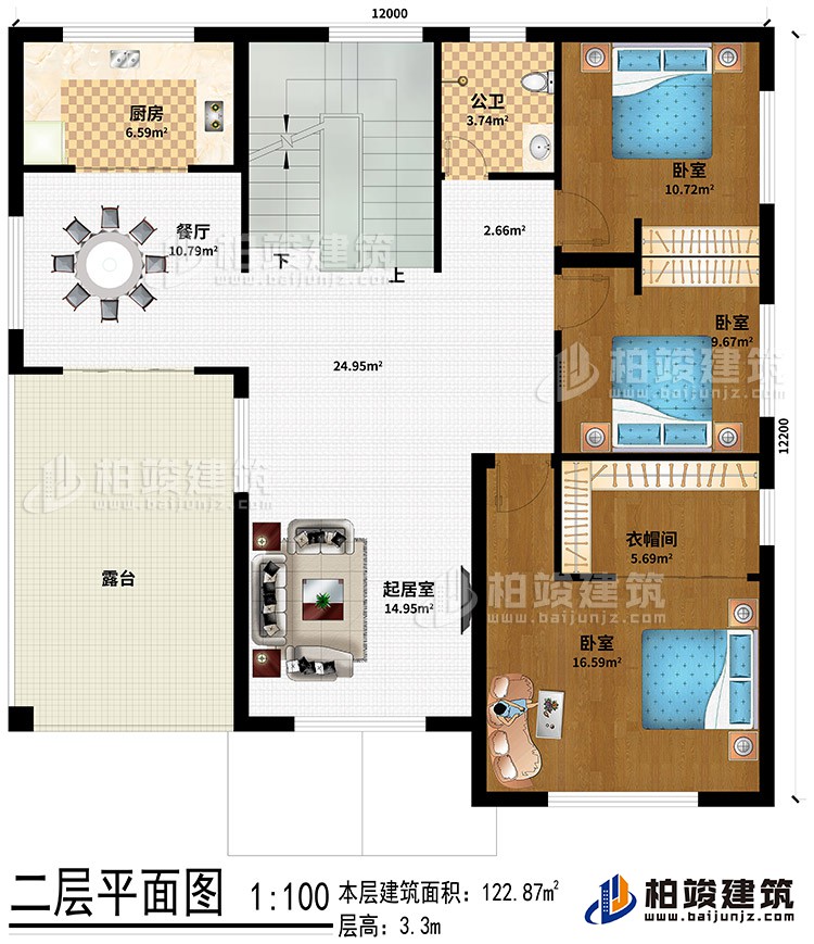二層：起居室、餐廳、廚房、公衛(wèi)、3臥室、衣帽間、露臺