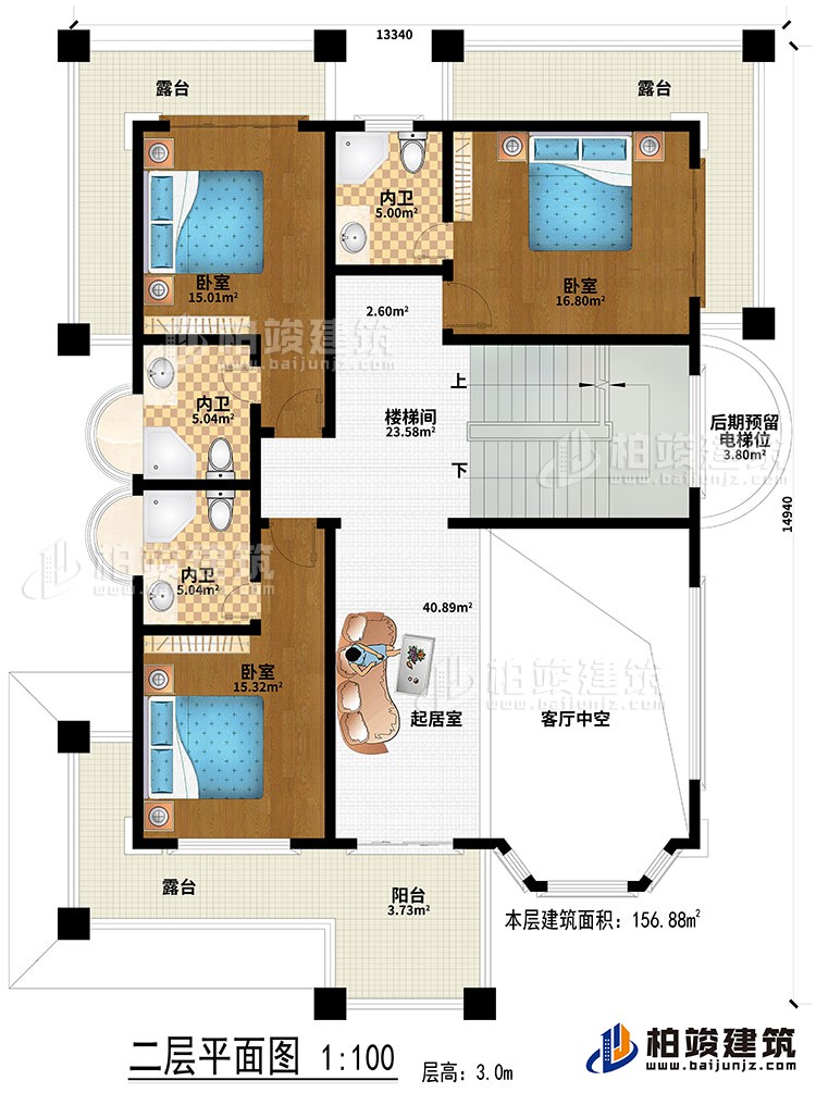 二層：起居室、客廳中空、樓梯間、3臥室、3內(nèi)衛(wèi)、陽(yáng)臺(tái)、3露臺(tái)、后期預(yù)留電梯位