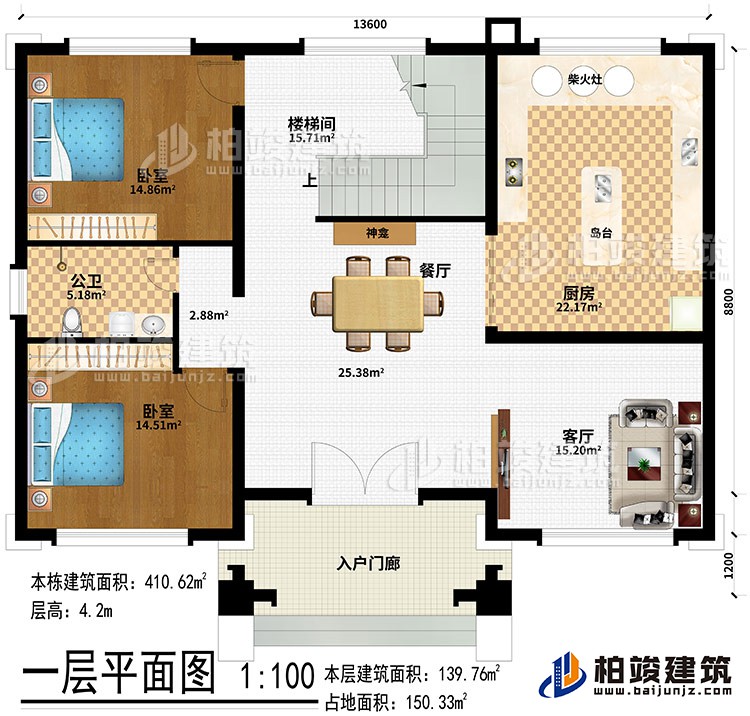 一層：入戶門廊、客廳、餐廳、廚房、神龕、島臺、柴火灶、樓梯間、公衛(wèi)、2臥室
