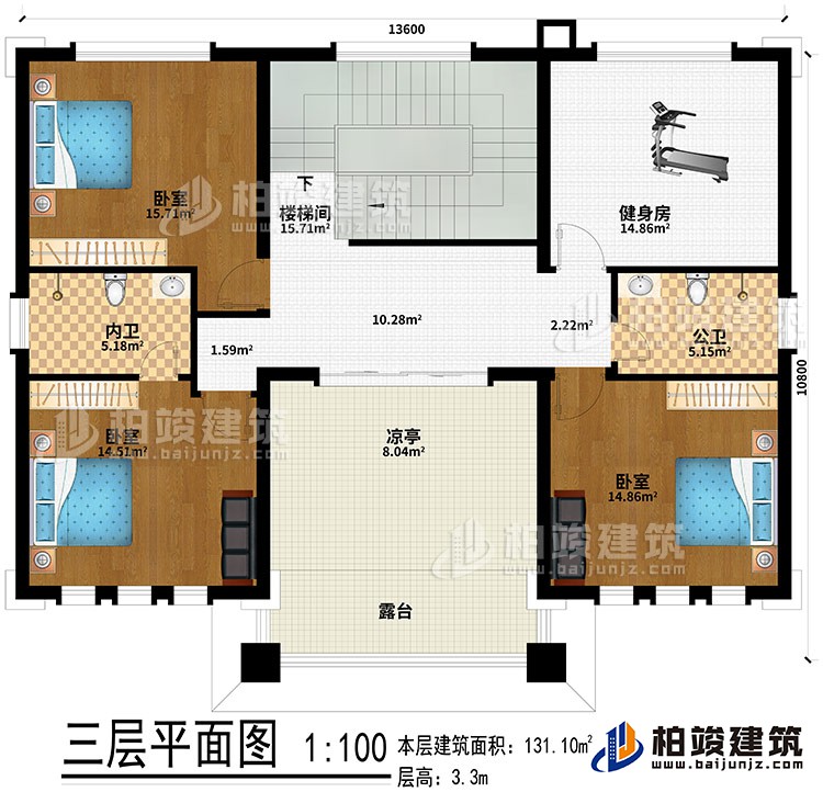三層：樓梯間、健身房、3臥室、公衛(wèi)、內衛(wèi)、涼亭、露臺