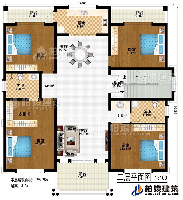 二層：客廳、樓梯間、餐廳、廚房、4臥室、衣帽間、公衛(wèi)、內(nèi)衛(wèi)、3陽臺