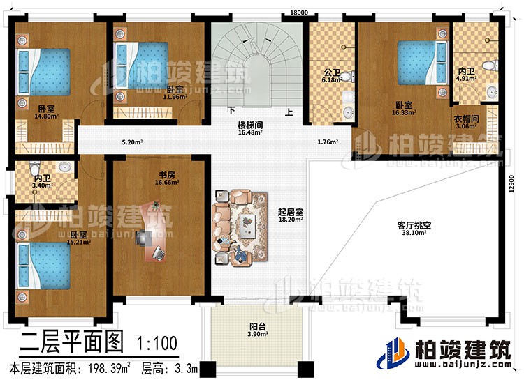 二層：起居室、客廳挑空、4臥室、書房、樓梯間、衣帽間、公衛(wèi)、2內(nèi)衛(wèi)