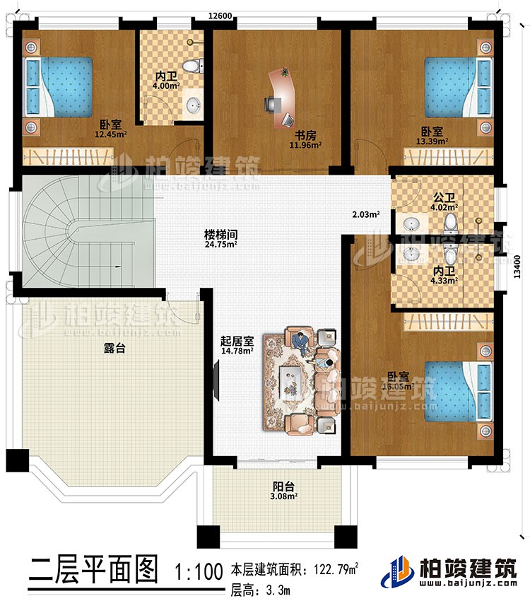 二層：樓梯間、起居室、3臥室、書房、2內(nèi)衛(wèi)、公衛(wèi)、露臺、陽臺