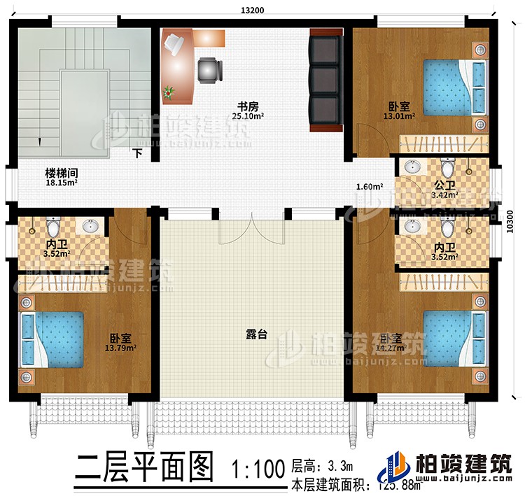 二層：書房、樓梯間、3臥室、公衛(wèi)、2內(nèi)衛(wèi)、露臺