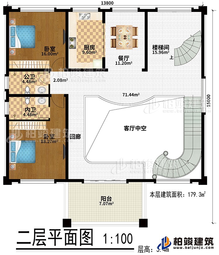 二層：客廳中空、餐廳、廚房、2臥室、公衛(wèi)、內(nèi)衛(wèi)、陽(yáng)臺(tái)