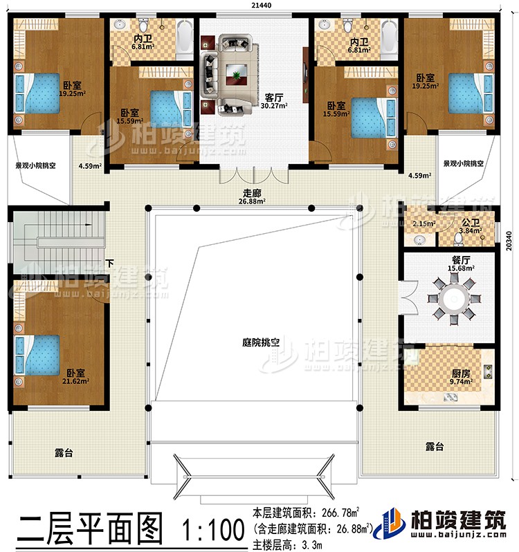 二層：客廳、餐廳、廚房、5臥室、2內(nèi)衛(wèi)、公衛(wèi)、2露臺、庭院挑空、2景觀小院挑空