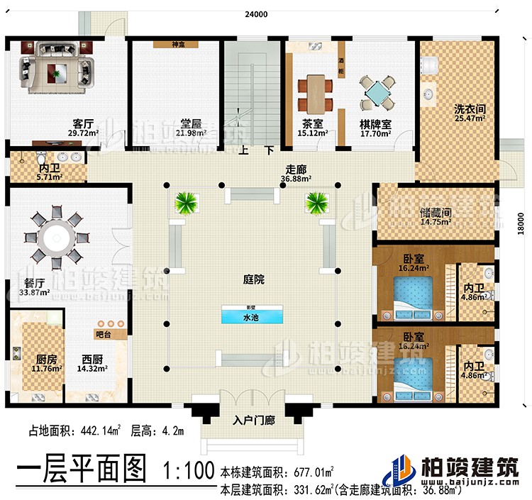 一層：入戶門廊、水池、影壁、庭院、走廊、西廚、廚房、餐廳、吧臺、客廳、堂屋、神龕、茶室、棋牌室、洗衣間、儲藏間、2臥室、3內(nèi)衛(wèi)