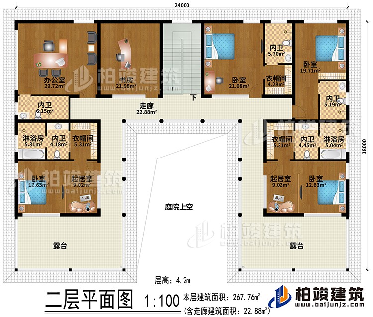 二層：辦公室、書房、2起居室、3衣帽間、4臥室、2淋浴房、5內(nèi)衛(wèi)、走廊、2露臺、庭院上空