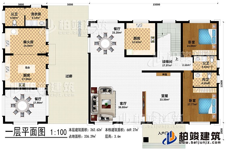 一層：入戶門廊、堂屋、客廳、神龕、2餐廳、2廚房、柴火房、樓梯間、洗衣房、2臥室、2公衛(wèi)、內(nèi)衛(wèi)、島臺、過廊