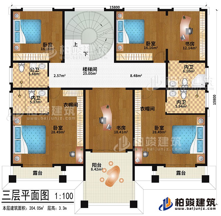 三層：樓梯間、4臥室、2衣帽間、2書房、公衛(wèi)、3內(nèi)衛(wèi)、2露臺(tái)、陽臺(tái)