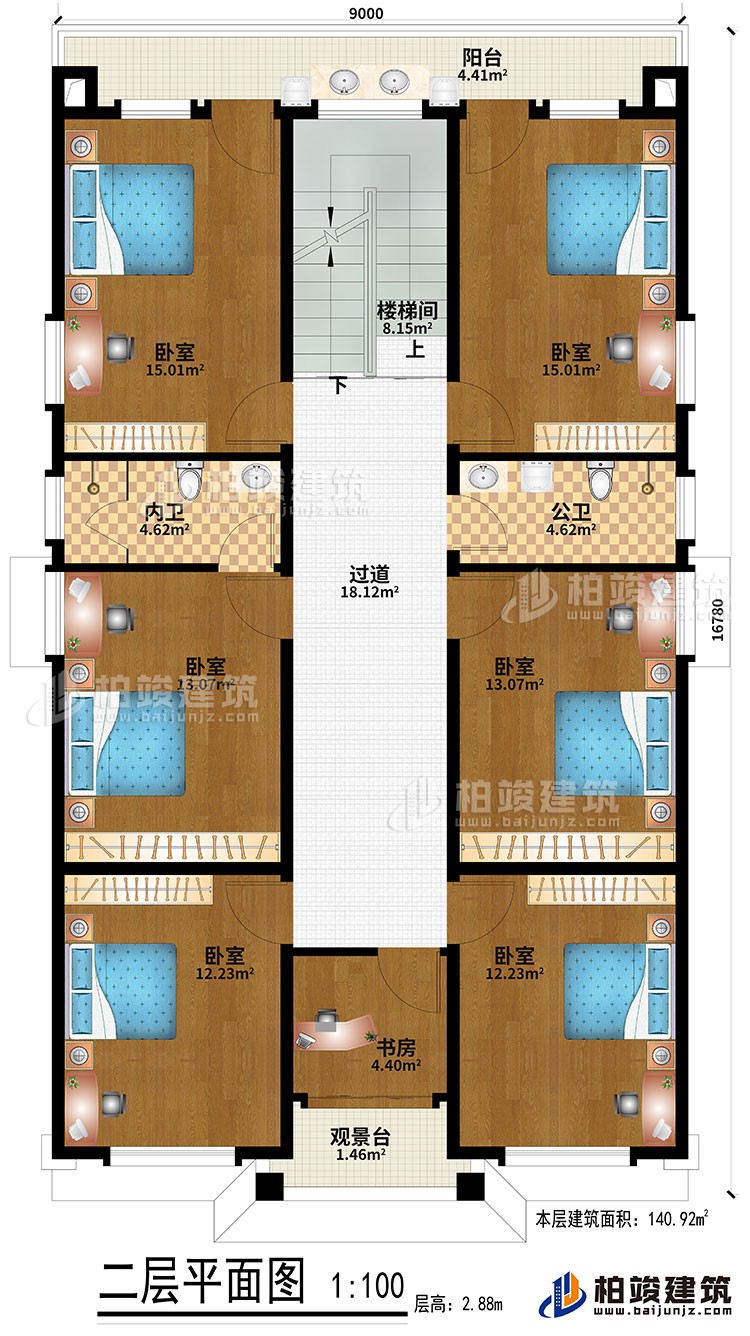 二層：6臥室、過道、樓梯間、書房、觀景臺(tái)、公衛(wèi)、內(nèi)衛(wèi)、陽臺(tái)