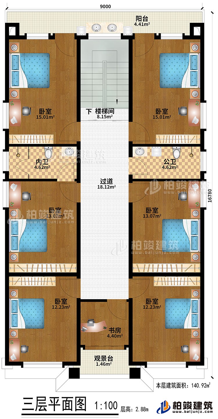 三層：6臥室、過道、樓梯間、書房、觀景臺(tái)、公衛(wèi)、內(nèi)衛(wèi)、陽臺(tái)