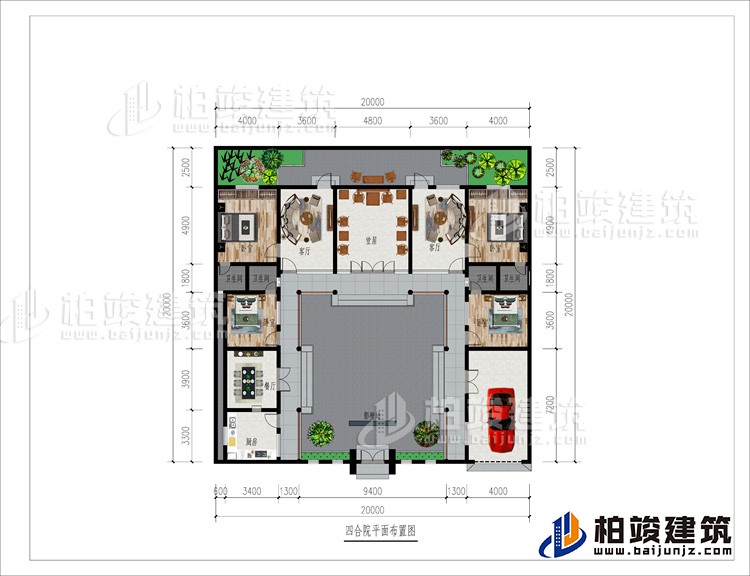 一層：影壁墻、車庫、廚房、餐廳、4臥室、4內(nèi)衛(wèi)、2客廳、堂屋、后花園