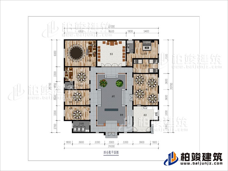 一層：大餐廳、2包間、2大餐廳、2內(nèi)衛(wèi)、堂屋、臥室、工人臥室、公衛(wèi)、庭院、影壁墻