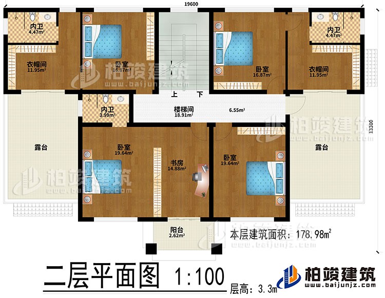 二層：樓梯間、4臥室、書房、2衣帽間、3內(nèi)衛(wèi)、2露臺(tái)、陽臺(tái)