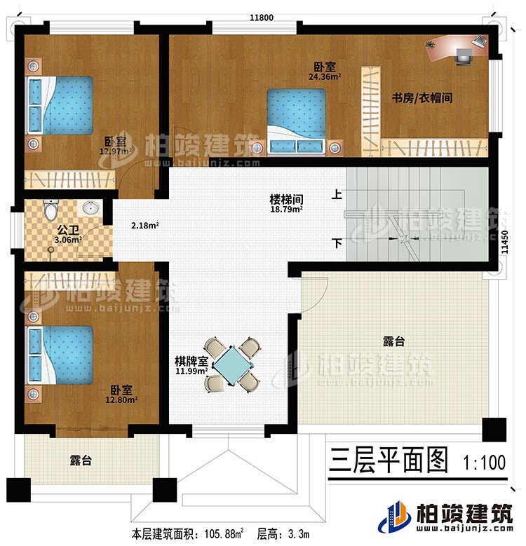 三層：棋牌室、樓梯間、3臥室、書房/衣帽間、公衛(wèi)、2露臺