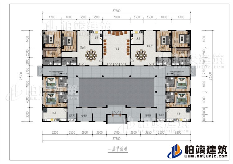 一層：2儲(chǔ)物間、2洗衣間、2灶房、8臥室、2衣帽間、2公衛(wèi)、6內(nèi)衛(wèi)、2廚房、2宴會(huì)廳、堂屋