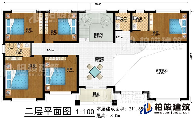 二層：棋牌室、樓梯間、5臥室、2內(nèi)衛(wèi)、公衛(wèi)、客廳挑空、陽臺