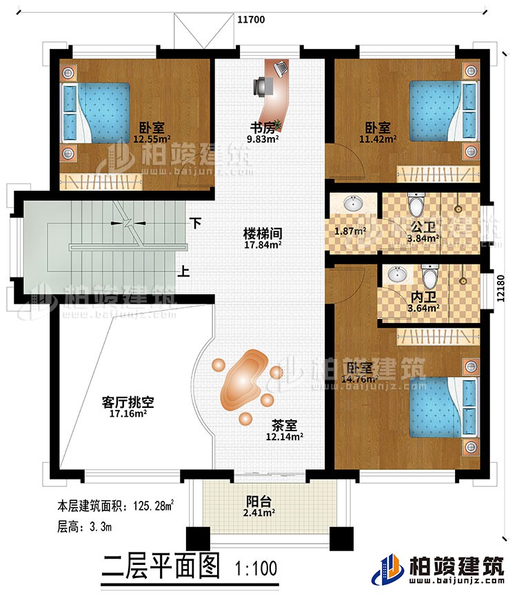 二層：樓梯間、書房、茶室、客廳挑空、3臥室、公衛(wèi)、內衛(wèi)、陽臺