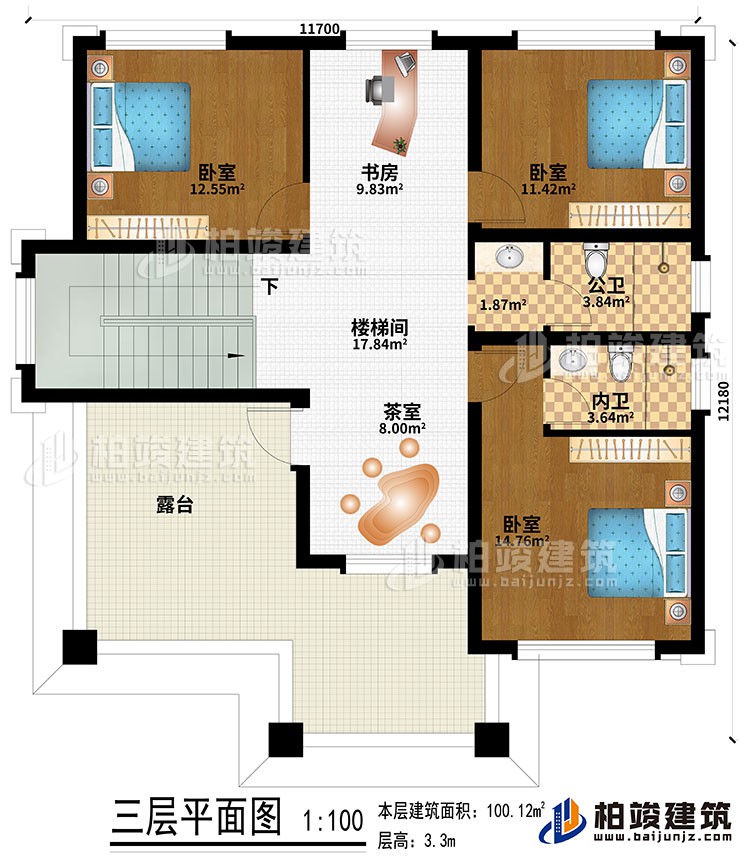 三層：樓梯間、書房、茶室、3臥室、公衛(wèi)、內衛(wèi)、露臺