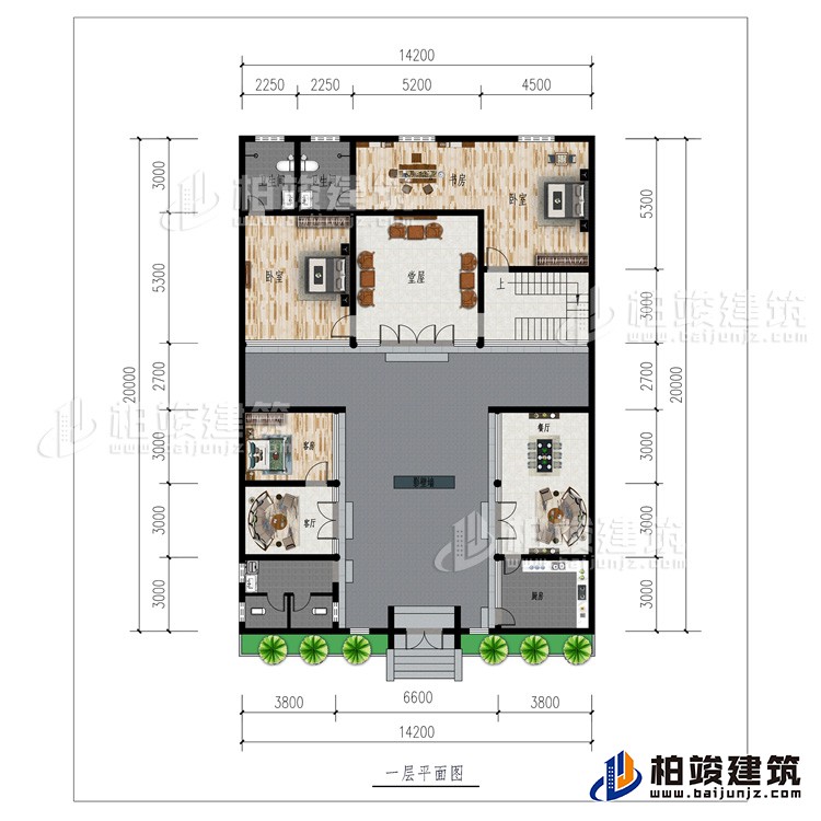 一層：廚房、2客廳、餐廳、公衛(wèi)、3臥室、影壁墻、堂屋、書房、2內(nèi)衛(wèi)