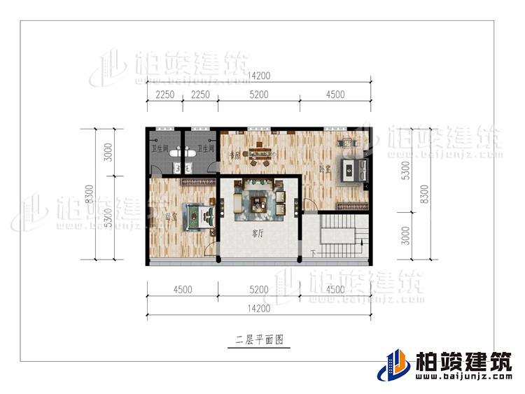 二層：客廳、2臥室、書房、2內(nèi)衛(wèi)