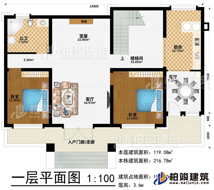 一層：入戶門廊/走廊、客廳、堂屋、神龕、樓梯間、廚房、餐廳、2臥室、公衛(wèi)