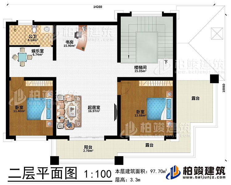 二層：起居室、書房、娛樂室、2臥室、樓梯間、公衛(wèi)、陽臺、2露臺