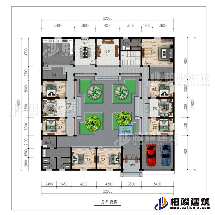 一層：廣亮大門、車庫、書房、公衛(wèi)、7臥室、2客廳、餐廳、廚房、堂屋、2天井、內(nèi)衛(wèi)、荷花魚池