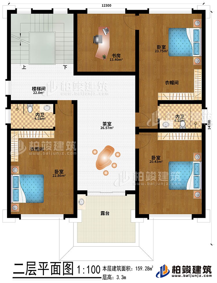 二層：3臥室、2衣帽間、2內(nèi)衛(wèi)、樓梯間、茶室、露臺(tái)、書房