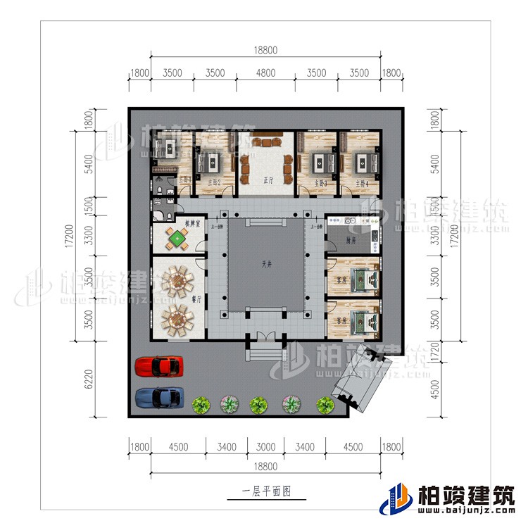 一層：車庫(kù)、餐廳、棋牌室、廚房、正廳、6臥室、公衛(wèi)、內(nèi)衛(wèi)