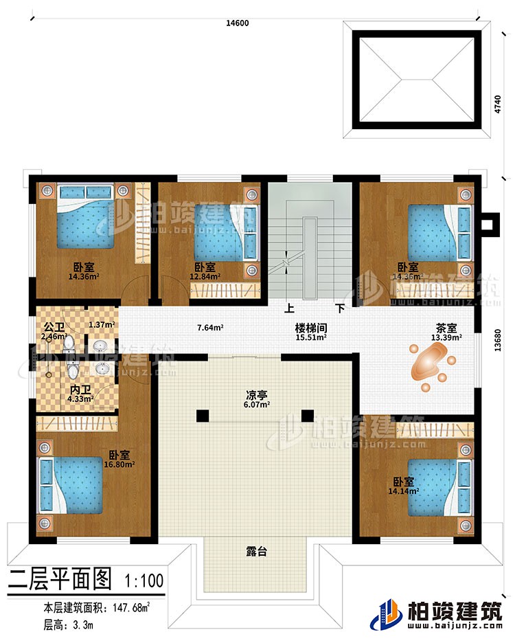 二層：樓梯間、茶室、涼亭、5臥室、公衛(wèi)、內(nèi)衛(wèi)、露臺