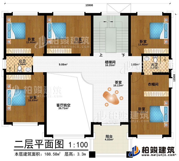 二層：客廳挑空、茶室、樓梯間、5臥室、衣帽間、內(nèi)衛(wèi)、公衛(wèi)、陽臺(tái)