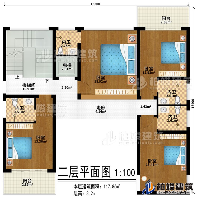 二層：走廊、4臥室、4內(nèi)衛(wèi)、2陽臺、樓梯間、電梯