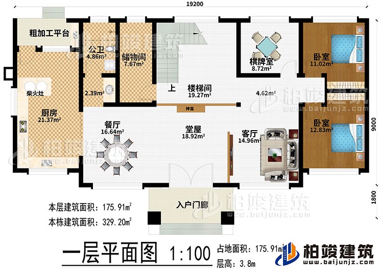 一層：入戶(hù)門(mén)廊、堂屋、神龕、客廳、餐廳、廚房、柴火灶、粗加工平臺(tái)、儲(chǔ)物間、樓梯間、棋牌室、2臥室、公衛(wèi)