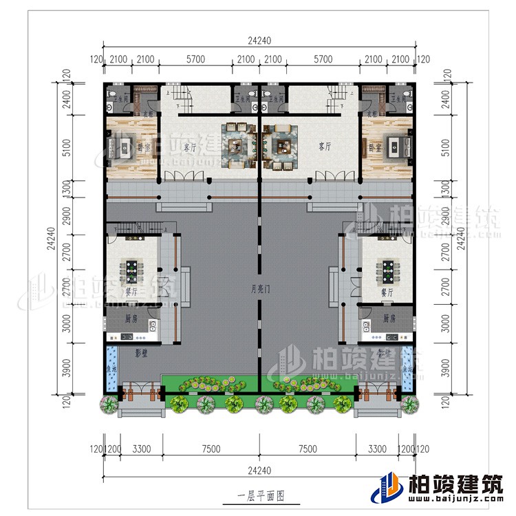 一層：月亮門、2廚房、2影壁、2餐廳、2客廳、2臥室、2衣柜、2內(nèi)衛(wèi)、2魚池