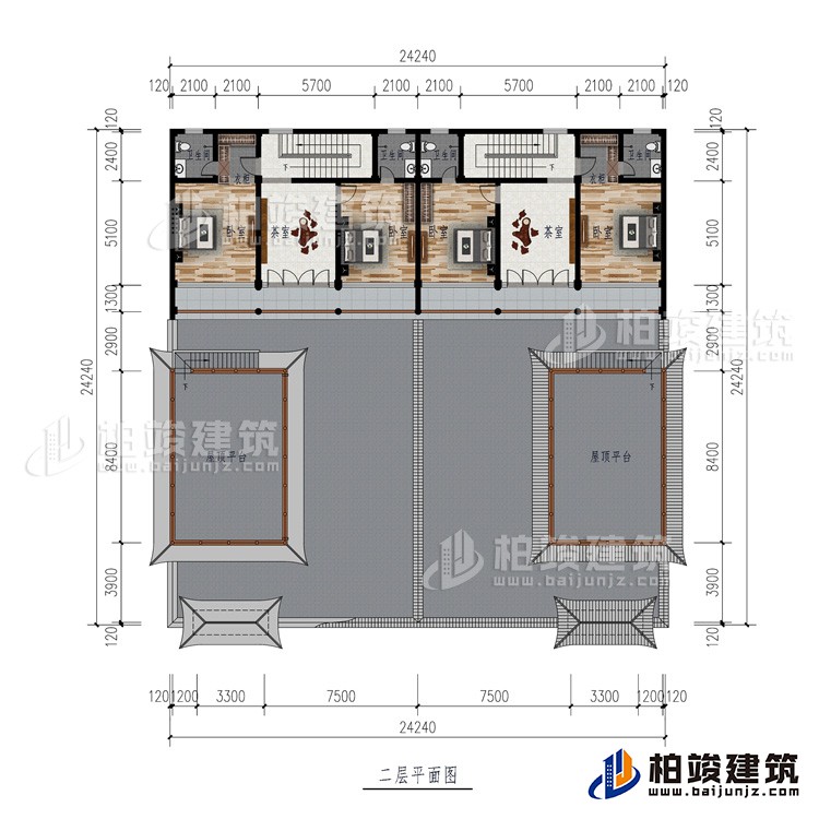 二層：2屋頂平臺、2茶室、4臥室、2衣柜、4內(nèi)衛(wèi)