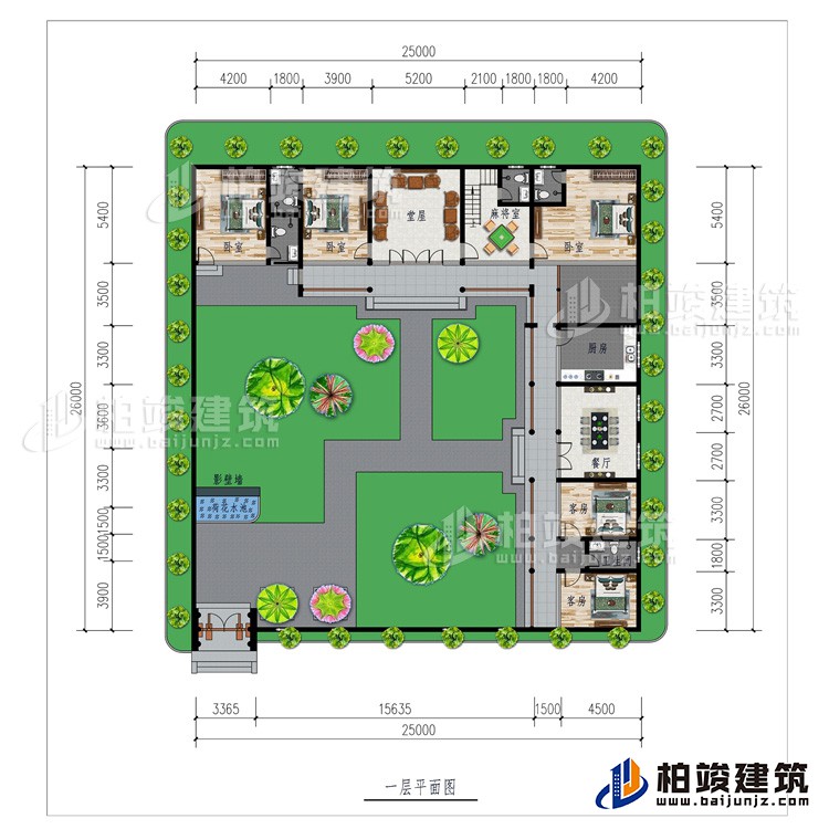 一層：影壁墻、花園、堂屋、廚房、餐廳、5臥室、2公衛(wèi)、2內(nèi)衛(wèi)、麻將室