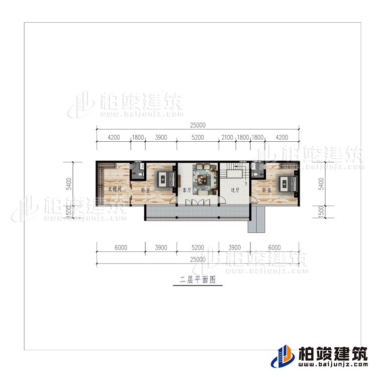 二層：過廳、客廳、衣帽間、2臥室