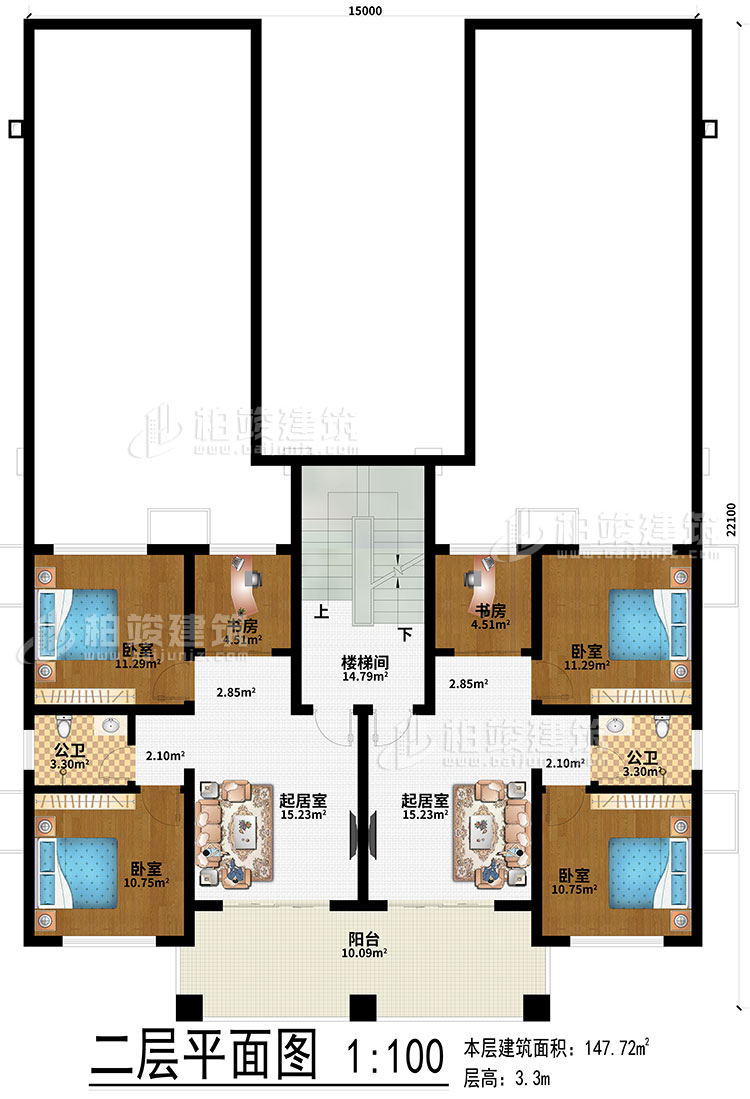 二層：2起居室、2書房、4臥室、2公衛(wèi)、樓梯間、陽臺