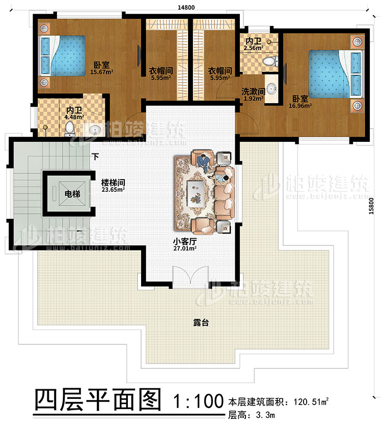 四層：2臥室、2衣帽間、2內(nèi)衛(wèi)、樓梯間、電梯、小客廳、露臺