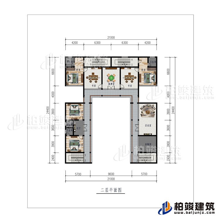 二層：棋牌室、2書房、活動室、雜物間、4臥室、4內(nèi)衛(wèi)、過廊