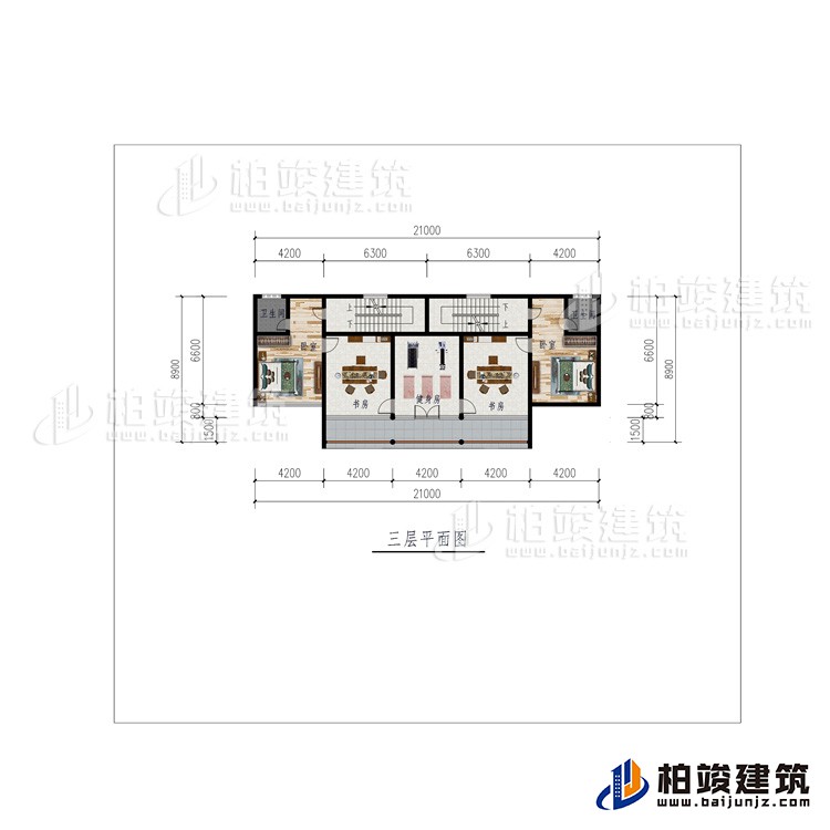 三層：2臥室、健身房、2書房、2內(nèi)衛(wèi)