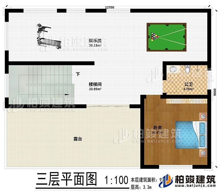 三層：娛樂室、樓梯間、公衛(wèi)、臥室、露臺