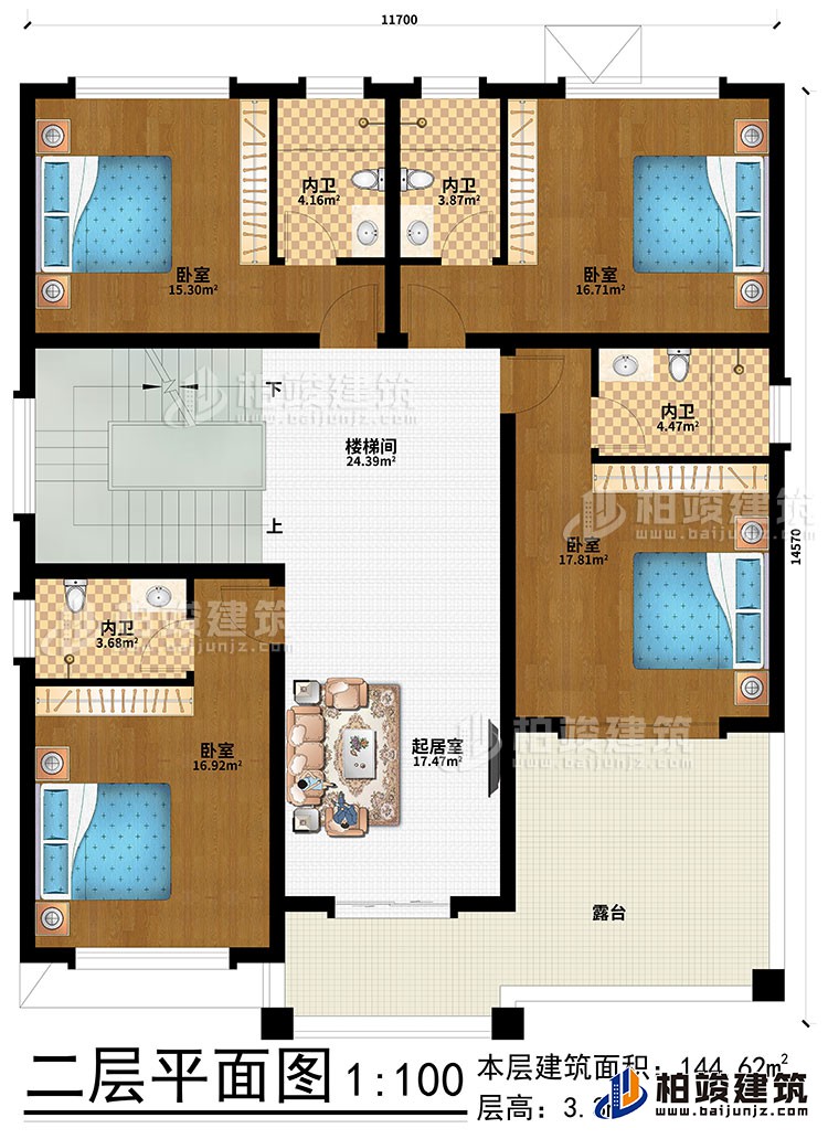 二層：起居室、樓梯間、4臥室、4內(nèi)衛(wèi)、露臺(tái)