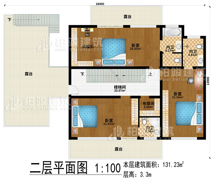 二層：樓梯間、3臥室、衣帽間、布草間、3內(nèi)衛(wèi)、3露臺