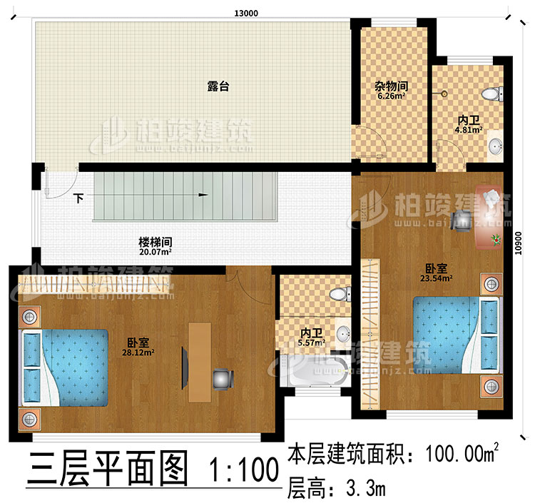 三層：2臥室、樓梯間、露臺、2內(nèi)衛(wèi)、雜物間